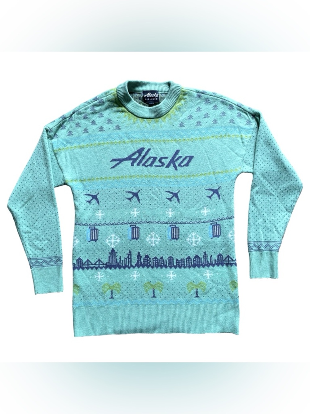 Alaska Airlines Adult Ugly Christmas Sweater Mint Green Holiday Travel Sz M